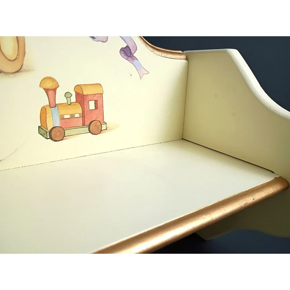 Vintage Wood Nursery Wall Shelf with Hang Pegs Teddy Bears Train Trike Boat